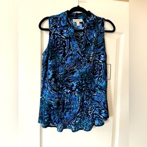Dana Buchman Sleeveless Blue Patterned Summer Blouse with Collar Size Small